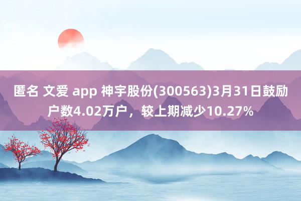 匿名 文爱 app 神宇股份(300563)3月31日鼓励户数4.02万户，较上期减少10.27%
